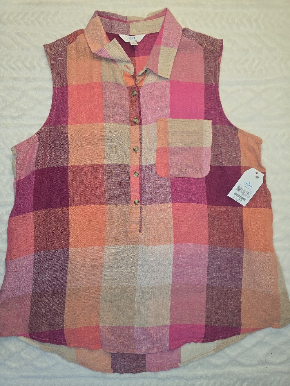 Time & Tru Plaid Sleeveless Top Pink Orange Collared Henley Partial Button L NWT